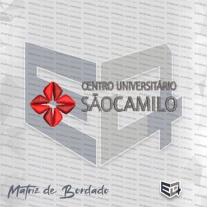 Matriz de bordado computadorizado do logotipo do Centro Universitário São Camilo. À esquerda, destaca-se um símbolo geométrico em forma de cruz com pétalas tridimensionais nas cores vermelho vivo e vinho. À direita, lê-se o texto "CENTRO UNIVERSITÁRIO" na parte superior, seguido abaixo pela palavra "SÃO CAMILO" em letras maiúsculas encorpadas bordadas na cor cinza chumbo.