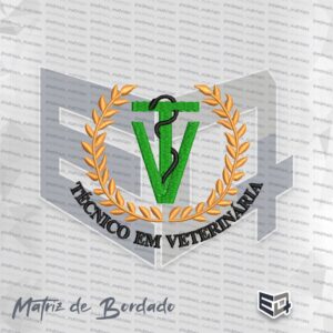 Matriz de bordado computadorizado do curso de Técnico em Veterinária. A imagem apresenta as letras "T" e "V" em verde ao centro com uma serpente preta entrelaçada, cercadas por ramos de louro dourados e a frase "TÉCNICO EM VETERINÁRIA" bordada em formato arqueado na cor preta na base.