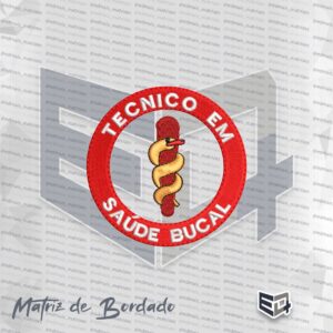Matriz de bordado computadorizado do brasão de Técnico em Saúde Bucal. O emblema tem formato circular em tom vermelho. No topo da borda vermelha, lê-se "TÉCNICO EM" e, na base, "SAÚDE BUCAL" em letras maiúsculas brancas. Ao centro, destaca-se o bastão de Esculápio em tom vermelho escuro entrelaçado por uma serpente amarela e dourada.