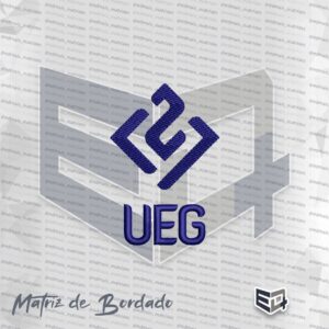 Matriz de bordado computadorizado do logotipo da UEG (Universidade Estadual de Goiás) na cor azul marinho. A imagem exibe um ícone geométrico em formato de losango estilizado com linhas angulares e, na parte inferior, a sigla UEG em letras maiúsculas.