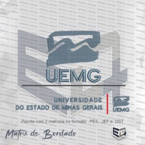 magem promocional do Pacote de Matrizes de Bordado da UEMG (Universidade do Estado de Minas Gerais). A imagem exibe duas matrizes de bordado: uma versão maior no centro com o símbolo geométrico em azul e cinza, a sigla UEMG em azul e o texto "UNIVERSIDADE DO ESTADO DE MINAS GERAIS" em azul; e uma versão menor à direita. Abaixo, há o texto "Pacote com 2 matrizes no formato: .PES JEF e .DST".