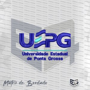 Matriz de bordado computadorizado do logotipo da UEPG (Universidade Estadual de Ponta Grossa). A imagem exibe a sigla "UEPG" em letras azuis encorpadas com o "E" estilizado em formato de onda contendo detalhe ciano, uma linha horizontal fina ciano e o texto "Universidade Estadual de Ponta Grossa" em azul.