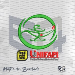 Matriz de bordado computadorizado do curso de Enfermagem da UNIFAPI. Na parte superior, um círculo verde envolve a lâmpada da enfermagem e a serpente em linhas verdes, com a chama vermelha acesa no bico e uma pequena cruz vermelha. Na base inferior esquerda, há uma tag preta e amarela com o texto "Aqui você Pode". À direita, destaca-se o nome "UNIFAPI" em vermelho com a letra "U" estilizada em ímã cinza, seguido do texto "Centro Universitário do Piauí" em cinza.