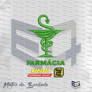 Matriz de bordado computadorizado do logotipo de Farmácia da UNIP (Universidade Paulista). Na parte superior, destaca-se o símbolo da Farmácia com a taça e a serpente bordadas na cor verde. Logo abaixo, a palavra "FARMÁCIA" está escrita em letras maiúsculas verdes. Na base esquerda, encontra-se a sigla "UNIP" em amarelo sobre uma faixa vermelha com o texto "UNIVERSIDADE PAULISTA". À direita, há um selo amarelo com borda preta e a frase "Aqui você Pode".