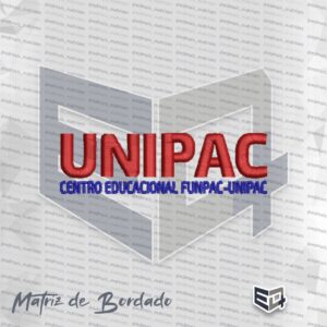 Matriz de bordado computadorizado do logotipo da UNIPAC. Na parte superior, destaca-se a sigla "UNIPAC" em letras maiúsculas grandes bordadas na cor vermelho rubro. Abaixo, alinhado na base, lê-se o texto "CENTRO EDUCACIONAL FUNPAC-UNIPAC" em letras maiúsculas bordadas na cor azul royal.