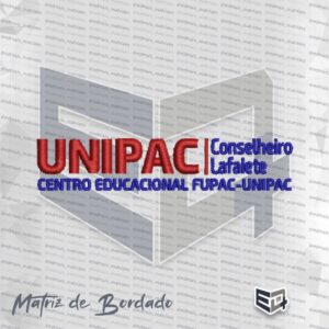 Matriz de bordado computadorizado do logotipo da UNIPAC Conselheiro Lafaiete. Na parte superior esquerda, destaca-se a sigla "UNIPAC" em letras maiúsculas grandes bordadas em tom vermelho rubro. Ao lado, separada por uma barra vertical, está a inscrição "Conselheiro Lafaiete" em duas linhas na cor azul royal. Na base inferior, lê-se o texto "CENTRO EDUCACIONAL FUPAC-UNIPAC" em letras maiúsculas bordadas na cor azul royal.
