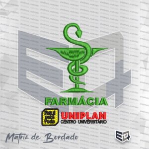Matriz de bordado computadorizado do logotipo de Farmácia da UNIPLAN (Centro Universitário). Na parte superior, há o símbolo clássico de Farmácia com a taça de Hígia e a serpente na cor verde. Abaixo, a palavra "FARMÁCIA" está bordada em letras maiúsculas verdes. Na base esquerda, há um selo amarelo com borda preta e o texto "Aqui você Pode". À direita do selo, destaca-se a sigla "UNIPLAN" em letras maiúsculas vermelhas, acompanhada do subtítulo "CENTRO UNIVERSITÁRIO" em letras preta na parte inferior.