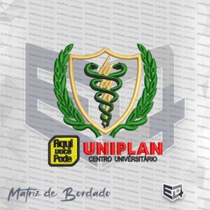 Matriz de bordado computadorizado do logotipo de Fisioterapia da UNIPLAN (Centro Universitário). Na parte superior, há um brasão nobre emoldurado por ramos de louro verdes com borda dourada, contendo o símbolo da Fisioterapia (raio dourado e duas serpentes, uma verde e uma preta). Na base esquerda, há um selo amarelo com a frase "Aqui você Pode". À direita do selo, destaca-se a palavra "UNIPLAN" em letras maiúsculas vermelhas, acompanhada do subtítulo "CENTRO UNIVERSITÁRIO" em cinza na parte inferior.
