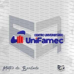 Matriz de bordado computadorizado do logotipo do Centro Universitário UniFamec. A imagem apresenta no lado esquerdo um símbolo geométrico azul com três barras verticais em vermelho e, no lado direito, a frase "CENTRO UNIVERSITÁRIO" acima da palavra "UniFamec" em azul, com o pingo da letra "i" em vermelho.