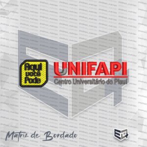 Matriz de bordado computadorizado do logotipo oficial da UNIFAPI. À esquerda, há uma tag amarela com borda preta contendo o texto "Aqui você Pode". À direita, destaca-se o nome "UNIFAPI" em letras maiúsculas vermelhas com o detalhe do "U" em tom cinza, seguido por uma linha vermelha horizontal e o texto "Centro Universitário do Piauí" em cinza grafite.