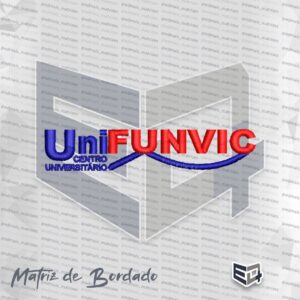 Matriz de bordado computadorizado do logotipo do UniFUNVIC Centro Universitário. Na parte esquerda, destaca-se a palavra "Uni" bordada na cor azul royal, acompanhada abaixo pela frase "CENTRO UNIVERSITÁRIO" em duas linhas azuis. Na sequência, a palavra "FUNVIC" aparece bordada em grandes letras maiúsculas vermelhas, sustentada na parte inferior por uma linha azul ondulada que se estende por toda a base do texto.