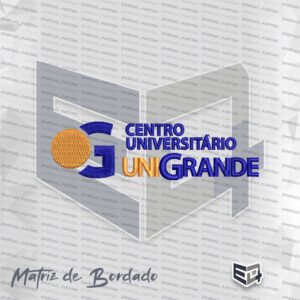 Matriz de bordado computadorizado do logotipo do Centro Universitário UNIGRANDE. Na esquerda, há o símbolo gráfico composto por um círculo dourado preenchido envolvido pela letra maiúscula "G" na cor azul royal. À direita, destaca-se o texto "CENTRO UNIVERSITÁRIO" em duas linhas azuis, seguido pelo nome "UNIGRANDE" na parte inferior, onde as letras "UNI" são bordadas na cor dourada e as letras "GRANDE" na cor azul royal.